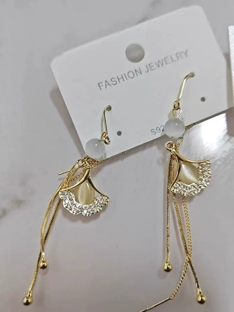 Women's Silver Needle Long Tassel Earrings Ginkgo Leaf Ear Wire