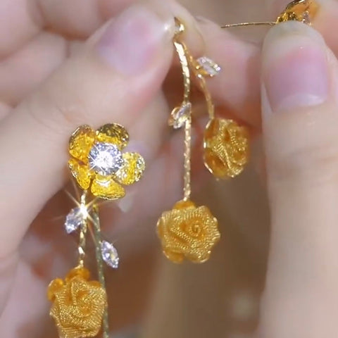 Elegant Gold Sequined Mesh Long Diamond Earrings for Women