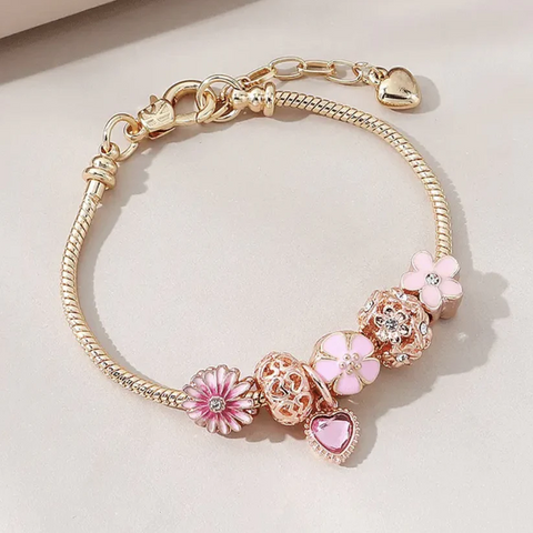 Bracelet de perles marguerite en forme de cœur rose, bracelet de boule de fleur en diamant creux