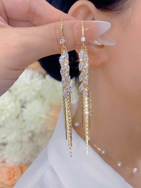 18K Gold Zircon Wheat Tassel Earrings Women's Accessories
