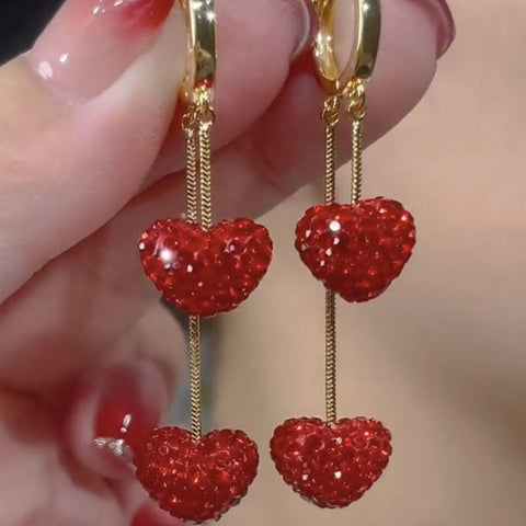 Red Diamond Heart Temperament Long Tassel Exquisite Earrings