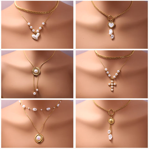 Collier à perles superposées en acier titane et imitation perle pour femme