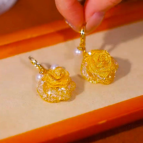 New Style Golden Hollow Rose Flower Earrings Female Beautiful Accessories