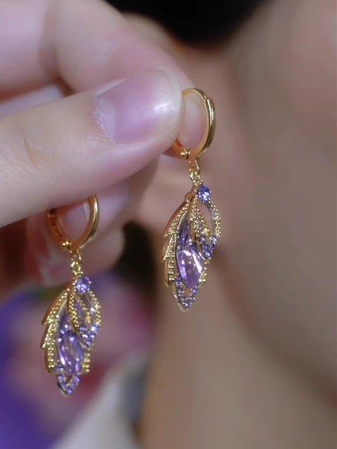 Purple Zircon Leaf Earrings For Women Elegant Style