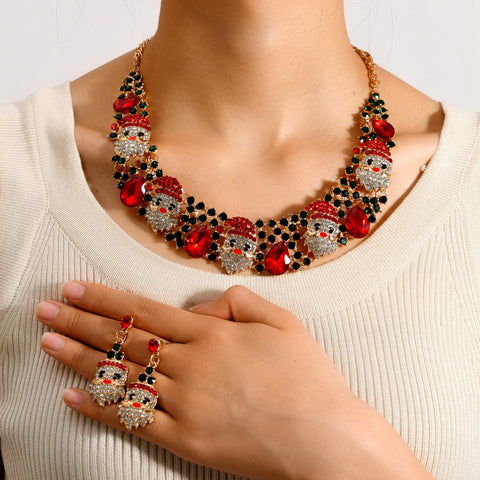 Christmas Jewelry Set Fashionable Shiny Crystal Rhinestone Santa Claus Necklace Earrings