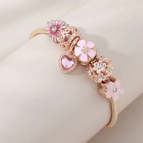 Bracelet de perles marguerite en forme de cœur rose, bracelet de boule de fleur en diamant creux