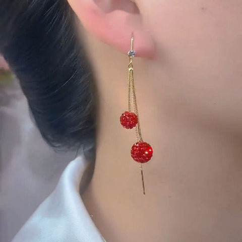 Women's Fashion Red Diamond Ball Tassel Earrings