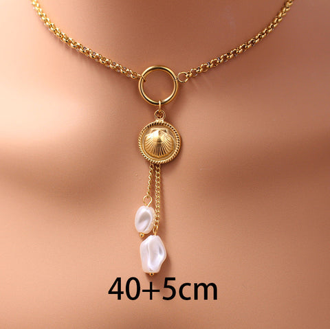 Collier à perles superposées en acier titane et imitation perle pour femme
