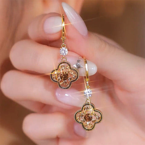 Light Luxury Coffee-Colored Zircon Four-Leaf Flower Earrings