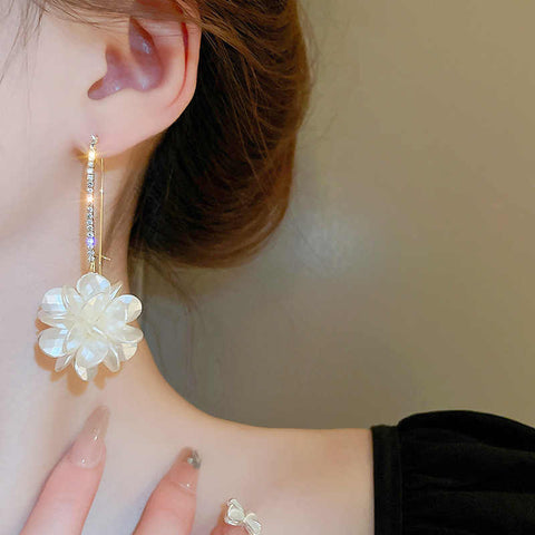 French Diamond Flower Pearl Earrings For Women