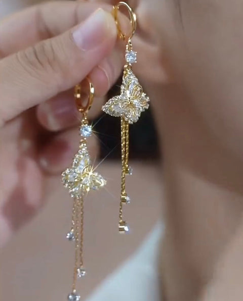 Micro-Inlaid Butterfly Earrings Autumn And Winter Long Retro Tassel Female French Earrings