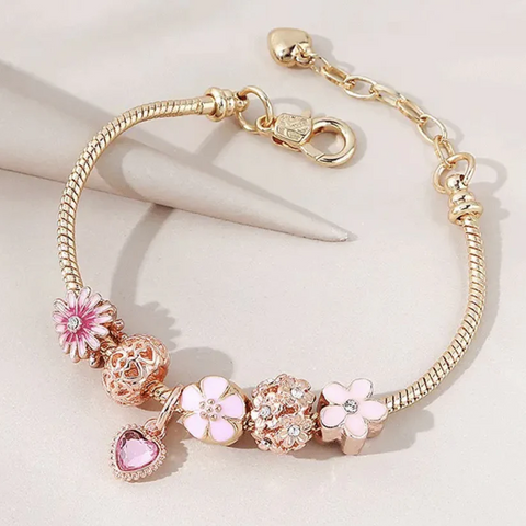 Bracelet de perles marguerite en forme de cœur rose, bracelet de boule de fleur en diamant creux