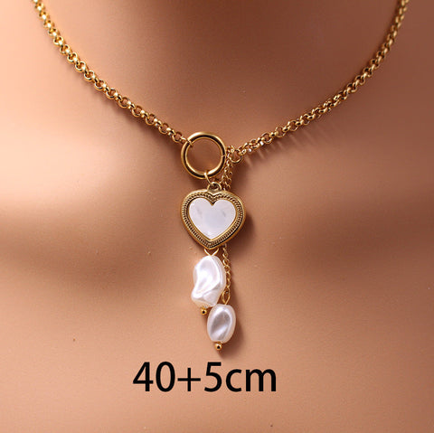 Collier à perles superposées en acier titane et imitation perle pour femme