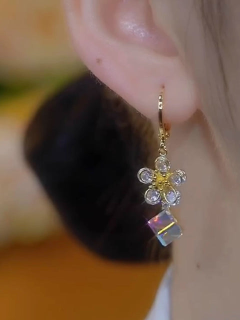 Five Petal Flower Zircon Silver Needle Earrings