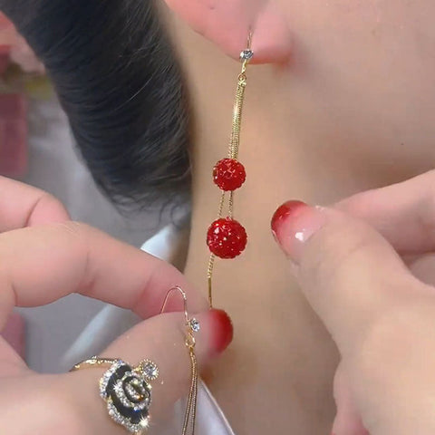 Women's Fashion Red Diamond Ball Tassel Earrings