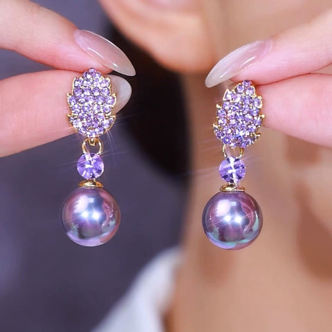 Boucles d'oreilles en perles violettes et feuilles de diamants, aiguilles en argent S925, accessoires pour femmes