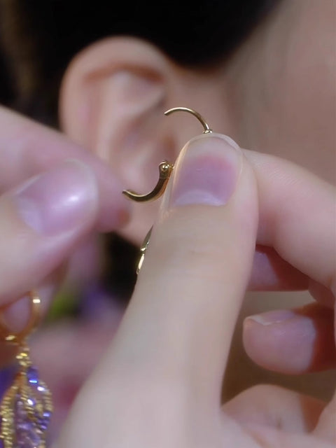 Purple Zircon Leaf Earrings For Women Elegant Style