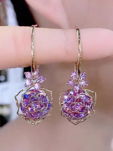 Purple Hollow Rose Versatility Earrings 925 Silver Needle Earrings