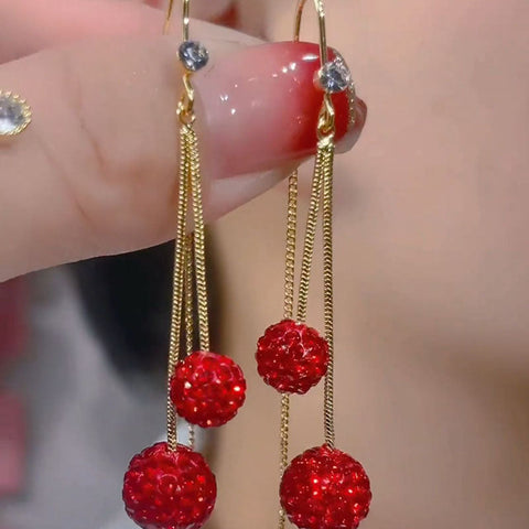 Women's Fashion Red Diamond Ball Tassel Earrings