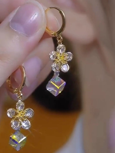 Five Petal Flower Zircon Silver Needle Earrings