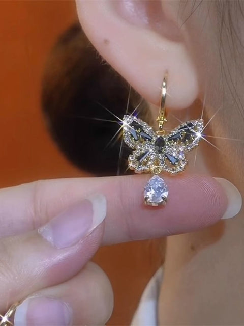 Women'S Black Zircon Sparkling Butterfly Earrings