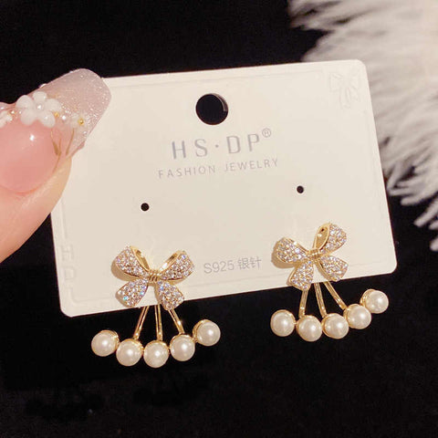 Fashion Sweet Bow Pearl Earrings Women S925 Silver Needle Earrings