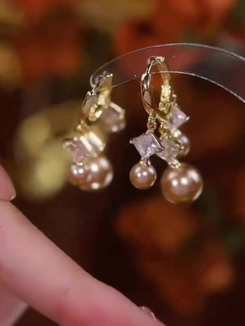 Zirconia Pearl Champagne Gold Silver Needle Earrings