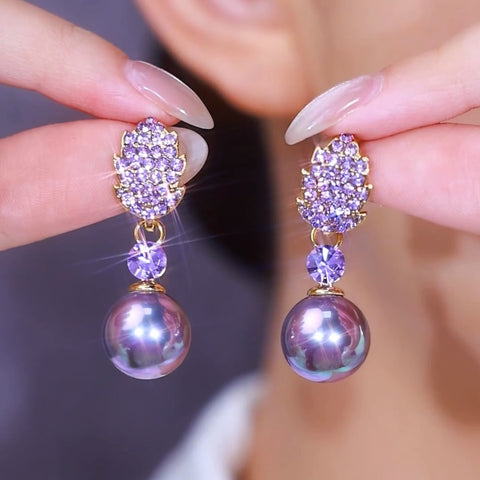 Boucles d'oreilles en perles violettes et feuilles de diamants, aiguilles en argent S925, accessoires pour femmes