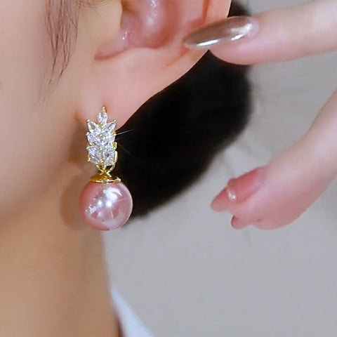 Fashionable And Versatile Wheat Ear Temperament Pink Pearl Earrings