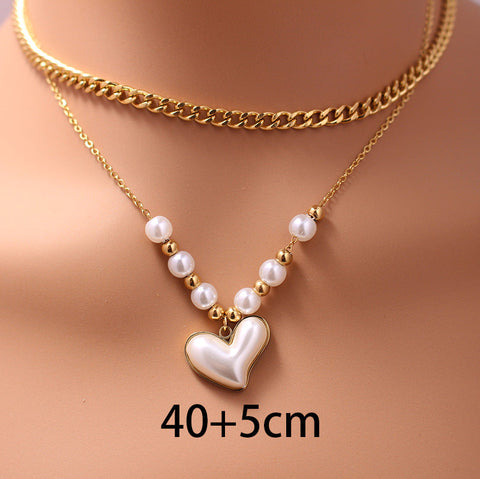 Collier à perles superposées en acier titane et imitation perle pour femme