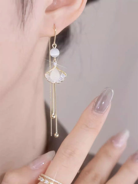 Women's Silver Needle Long Tassel Earrings Ginkgo Leaf Ear Wire