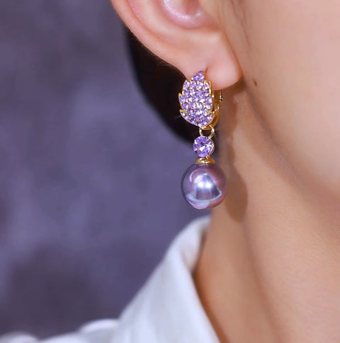 Boucles d'oreilles en perles violettes et feuilles de diamants, aiguilles en argent S925, accessoires pour femmes