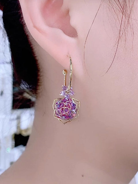 Purple Hollow Rose Versatility Earrings 925 Silver Needle Earrings