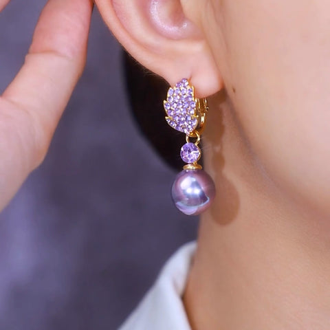 Boucles d'oreilles en perles violettes et feuilles de diamants, aiguilles en argent S925, accessoires pour femmes
