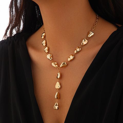 Collier de bijoux baroque irrégulier en forme de Y avec pendentif en forme de goutte plate pour femme
