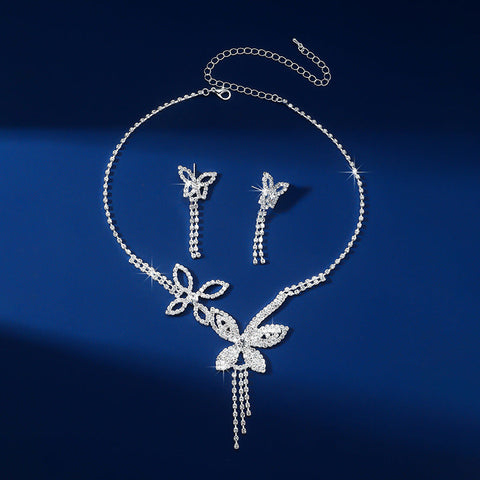 Butterfly Tassel Rhinestone Necklace + Earrings Two Piece Wedding Dress Accessories