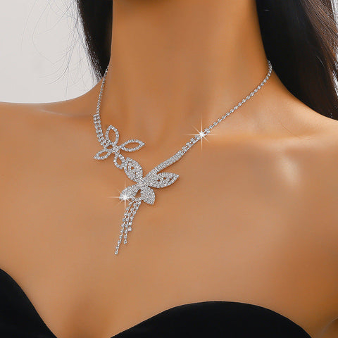 Butterfly Tassel Rhinestone Necklace + Earrings Two Piece Wedding Dress Accessories