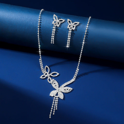 Butterfly Tassel Rhinestone Necklace + Earrings Two Piece Wedding Dress Accessories