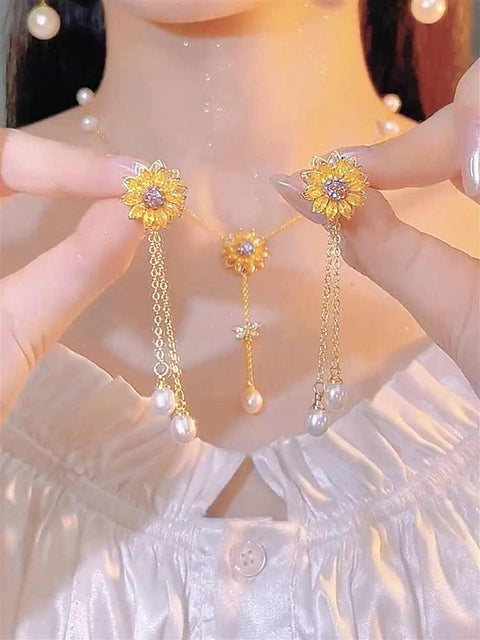 Sunflower Flower Starry Pearl Necklace Women's Accessories