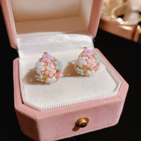 Fresh Zircon Pearl Flower Basket Earrings Women's Design Versatile Earrings