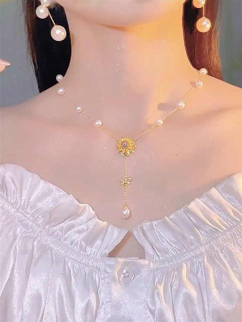 Sunflower Flower Starry Pearl Necklace Women's Accessories