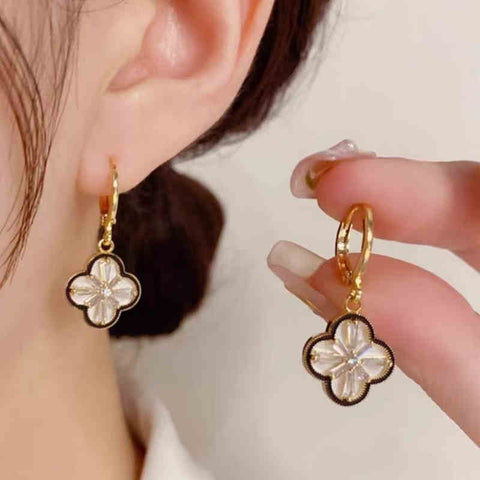 Light Luxury Coffee-Colored Zircon Four-Leaf Flower Earrings
