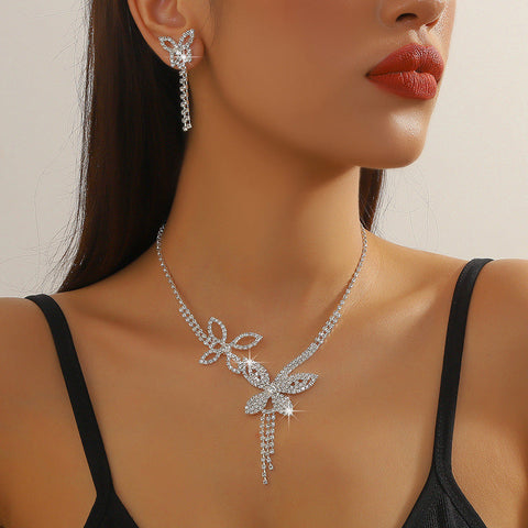 Butterfly Tassel Rhinestone Necklace + Earrings Two Piece Wedding Dress Accessories